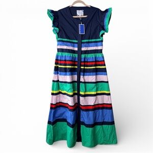 New! ADDISON BAY Preppy Tiered Ruffle Navy Stripe Cotton Midi Dress XXL $228